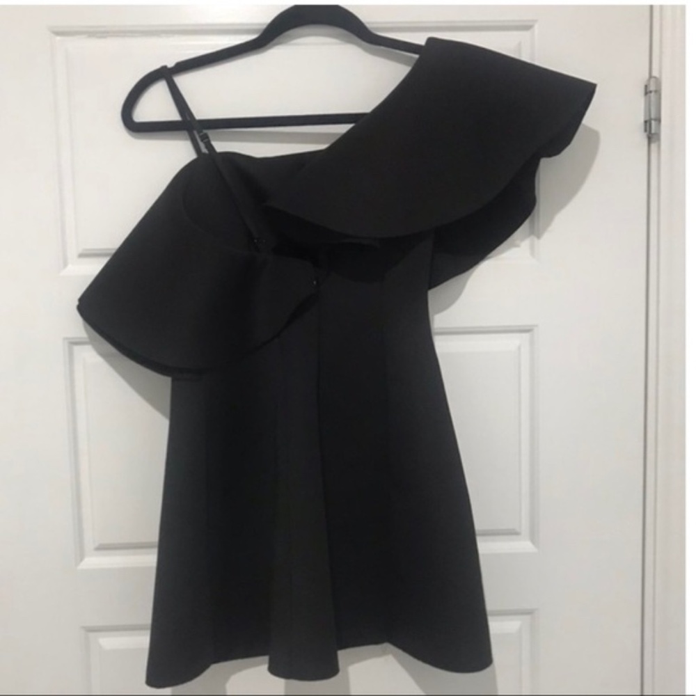 Dress-12 Black Scuba One Ruffle Shoulder Mini Party Holiday Semi Formal Party - Picture 3 of 4